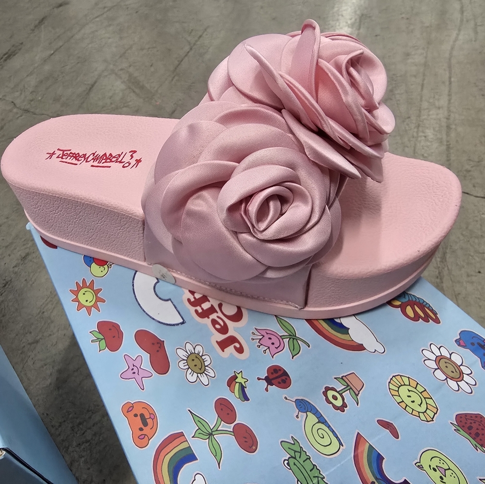 NEW! JEFFREY CAMPBELL-PINK FLOWER WEDGE PLATFORM SANDALS SIZE 7.BUT FITS LIKE 6